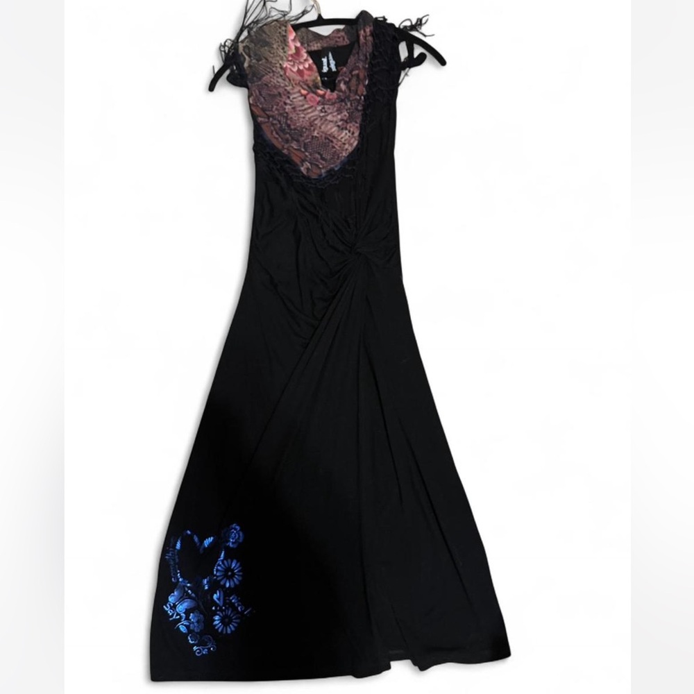 Desigual Black Maxi Dress with Blue and Pink Accents